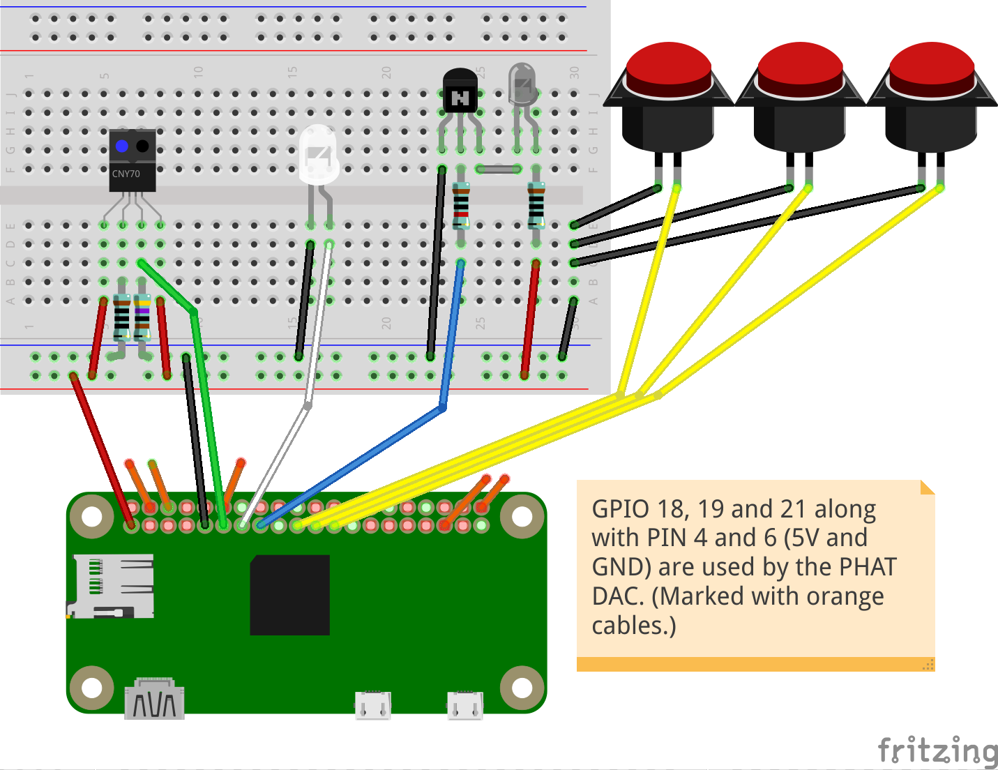 The electronics in a single diagram with the optical sensor on the left, the LED, the infrared LED and the three buttons on the right. (<a href='https://github.com/tliero/audiosphere/blob/master/misc/electronics-final.fzz'>Source file</a> for <a href='http://fritzing.org'>fritzing</a>)