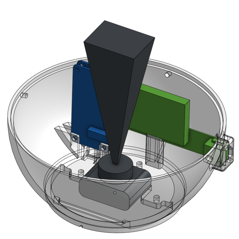 The base with the three main electronic components: The Raspberry Pi Zero with the PHAT DAC (blue), the USB hub with the ethernet port (green) and the camera with a representation of its viewport (black).