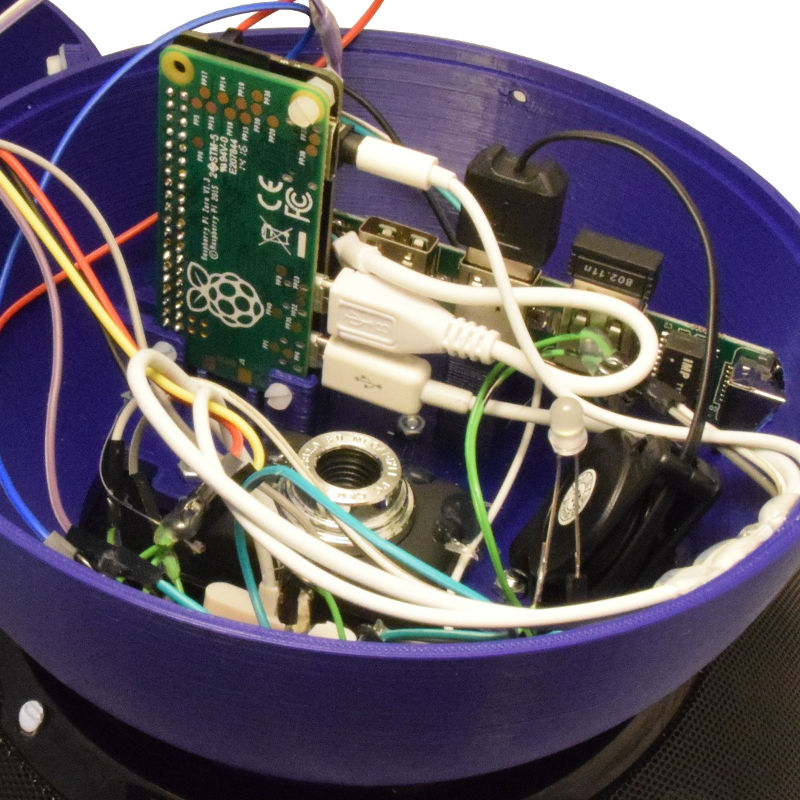 Interior view of the AudioSphere player with all components assebled. The circuit board is glued to the front side (not visible from this angle).