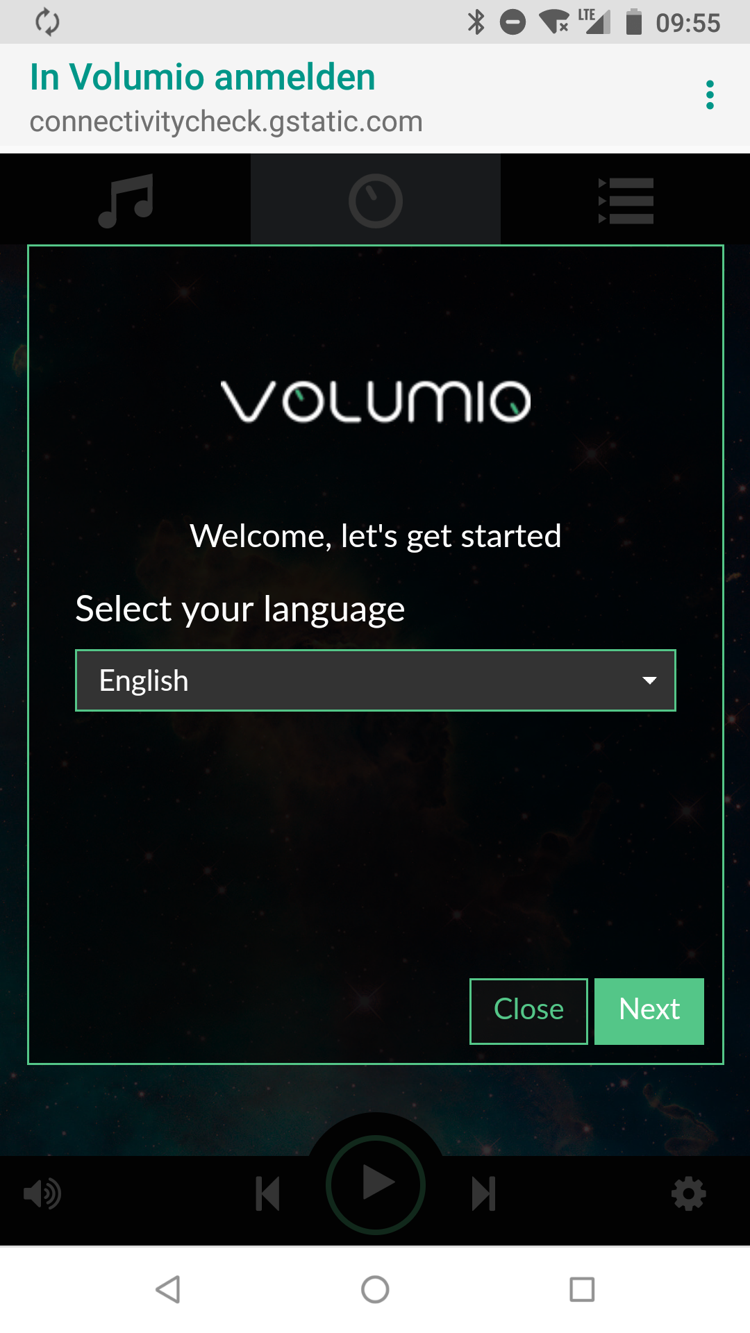 Connect to the WiFi hotspot "volumio" that the player creates