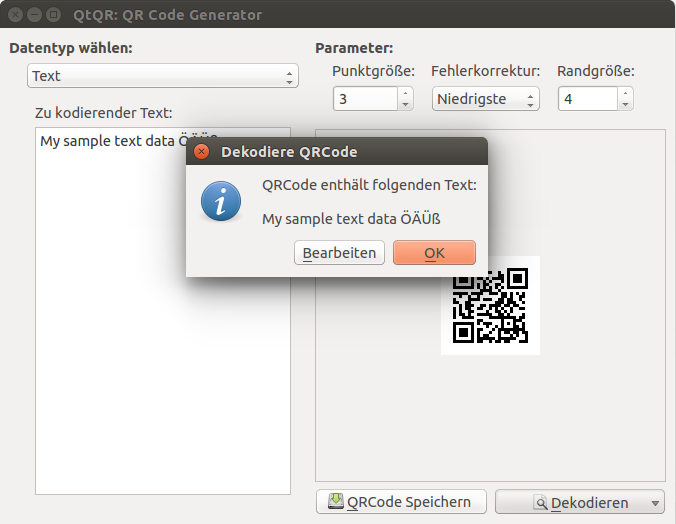 Mit QtQR können die generierten QR-Codes überprüft werden. Das Programm kann Bilddateien einlesen oder von einer angeschlossenen Webcam scannen.